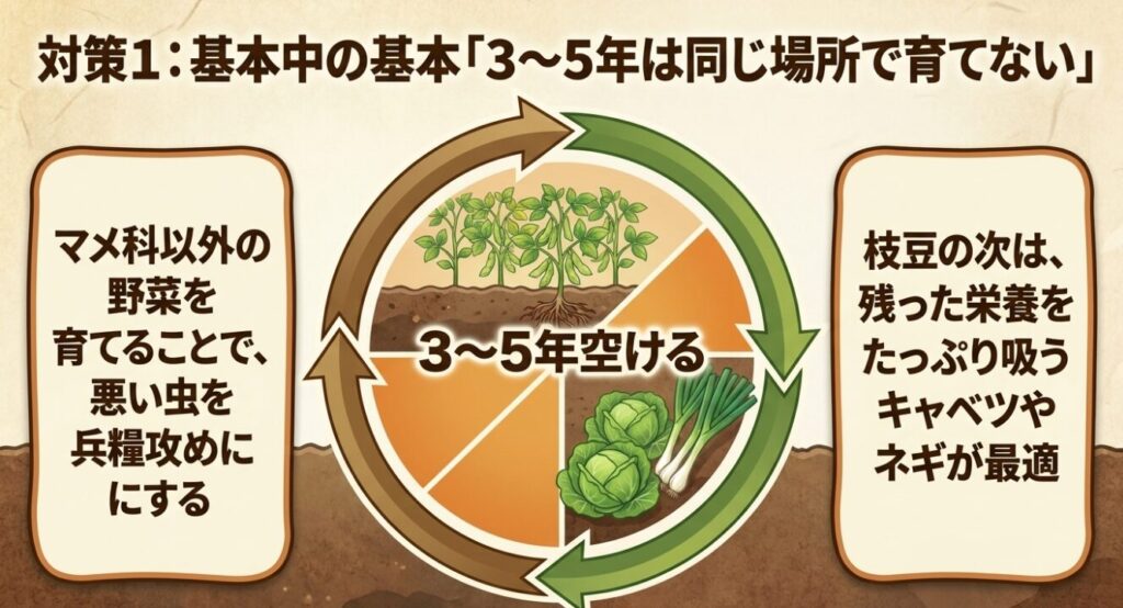 マメ科以外のキャベツやネギを育て、3年から5年間同じ場所で育てない基本対策を解説したスライド