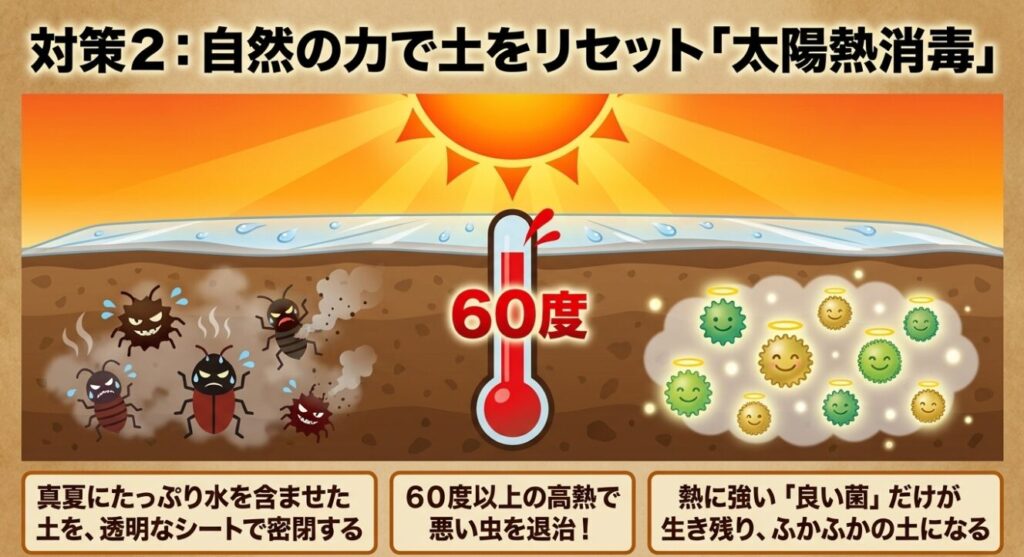 真夏の60度以上の高熱で悪い虫を退治し、良い菌を残す太陽熱消毒のやり方を解説したスライド