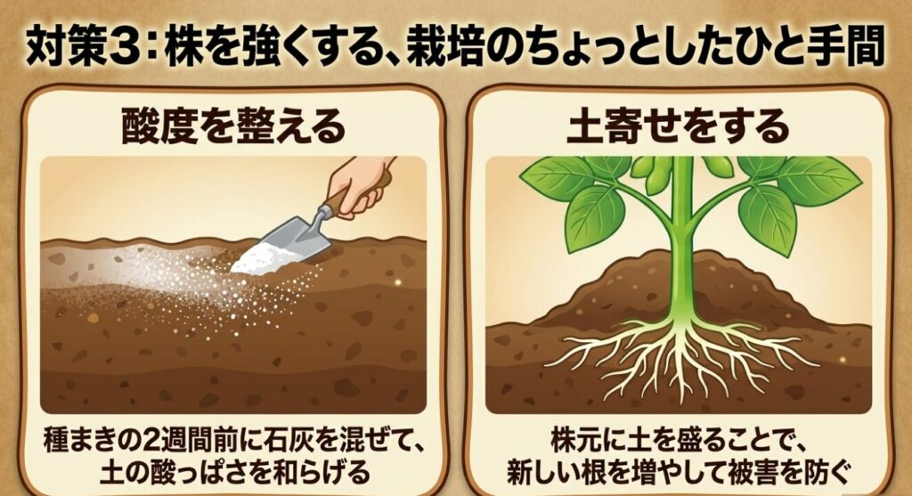 種まき前の石灰による酸度調整と、新しい根を増やす土寄せのひと手間を解説したスライド