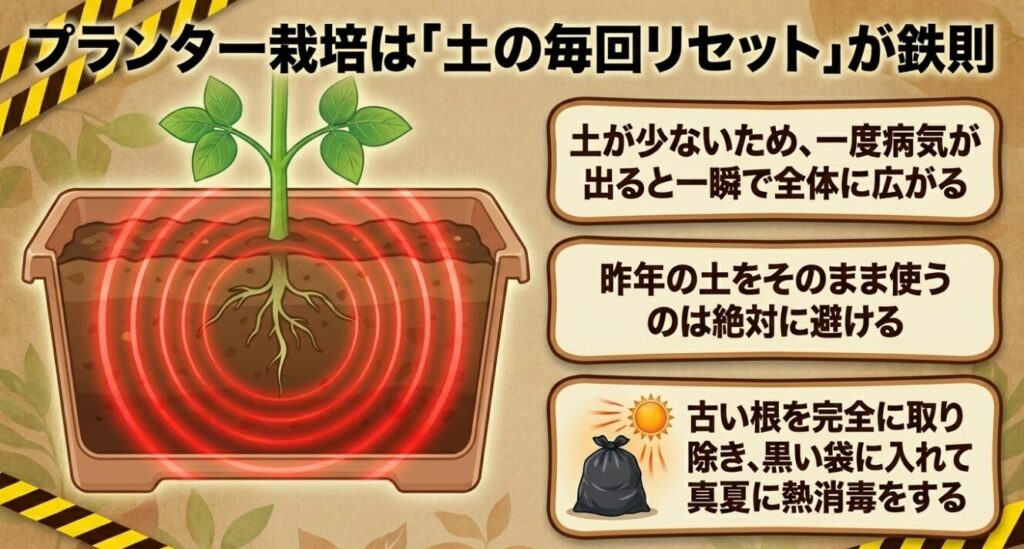 プランター栽培では病気が広がりやすいため、毎回古い土を熱消毒してリセットする鉄則を解説したスライド