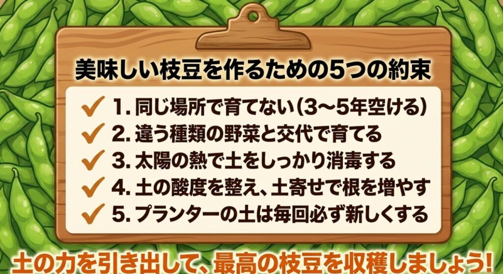 輪作、太陽熱消毒、酸度調整、土寄せ、プランター土のリセットなど枝豆の連作障害を防ぐ5つの鉄則まとめスライド