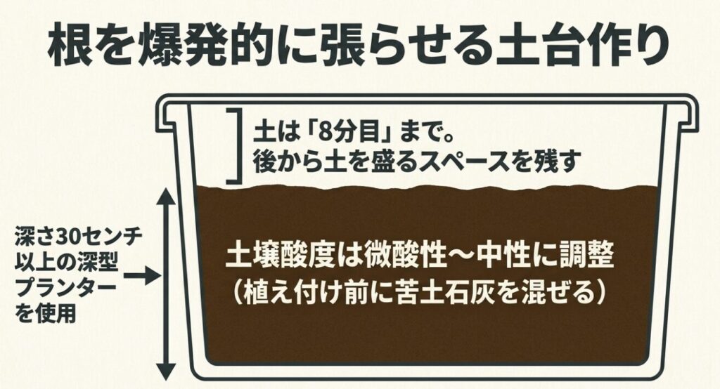 深さ30センチ以上のプランターを使用し土を8分目にする枝豆の土台作り