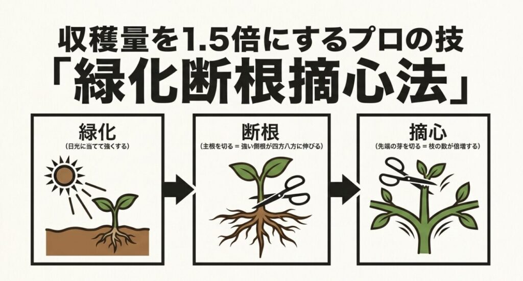 枝豆の収穫量を1.5倍にする緑化断根摘心法の手順