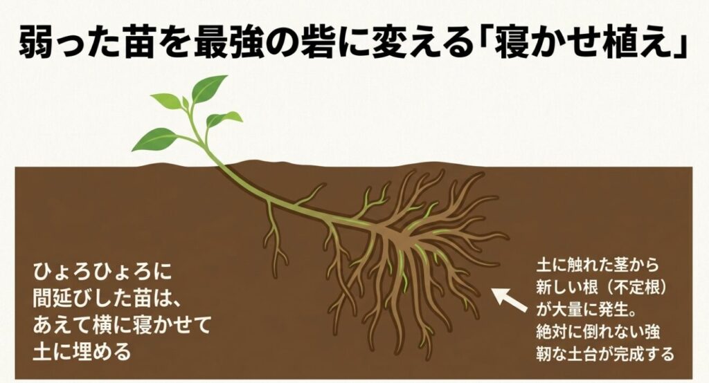 間延びした枝豆の苗を横に寝かせて植え、新しい根を大量に発生させる寝かせ植え