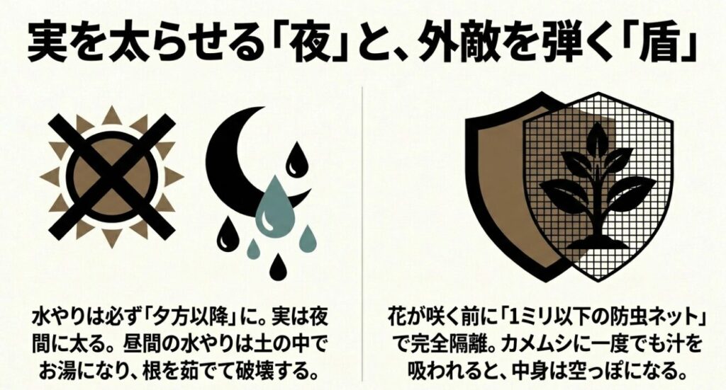 夜間の水やりと防虫ネットの盾