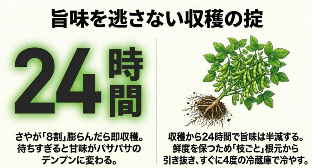 さやが8割膨らんだら枝ごと収穫し24時間以内の鮮度低下を防ぐ掟