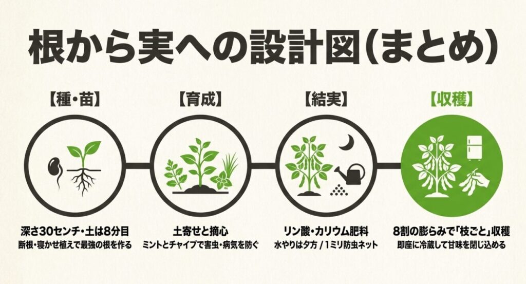 枝豆の種まきから育成、結実、収穫までの設計図まとめ