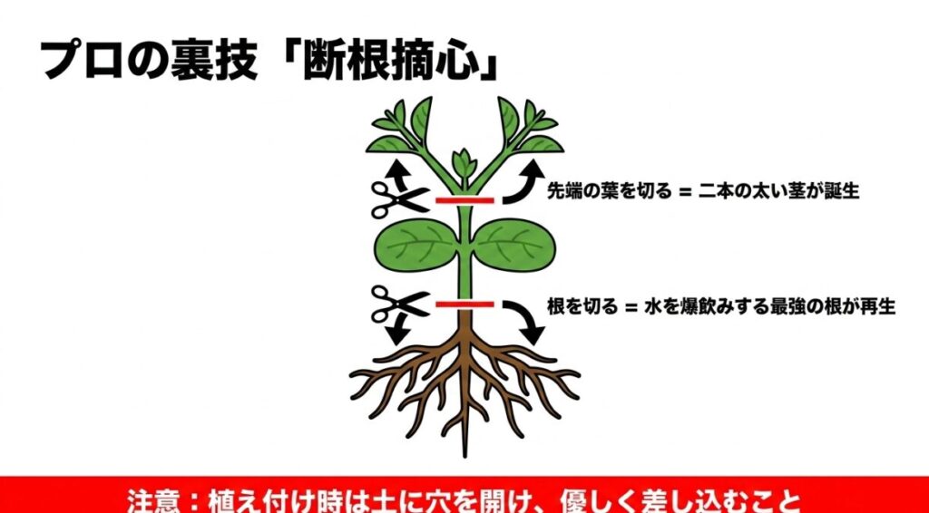 先端の葉を切って二本の太い茎を作り、根を切って最強の根を再生させるプロの裏技「断根摘心」の図解