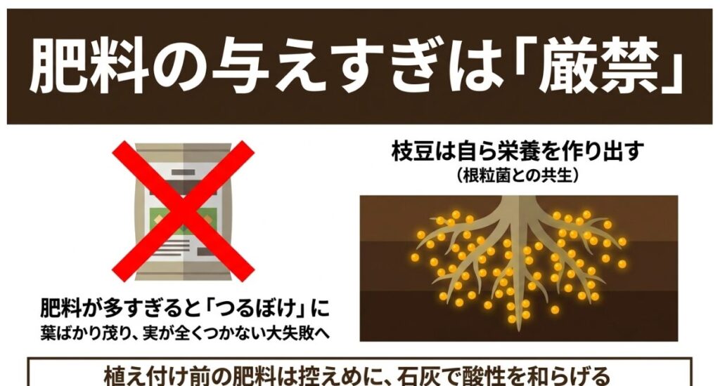 肥料が多すぎると「つるぼけ」になり葉ばかり茂って実がつかない大失敗の原因となる