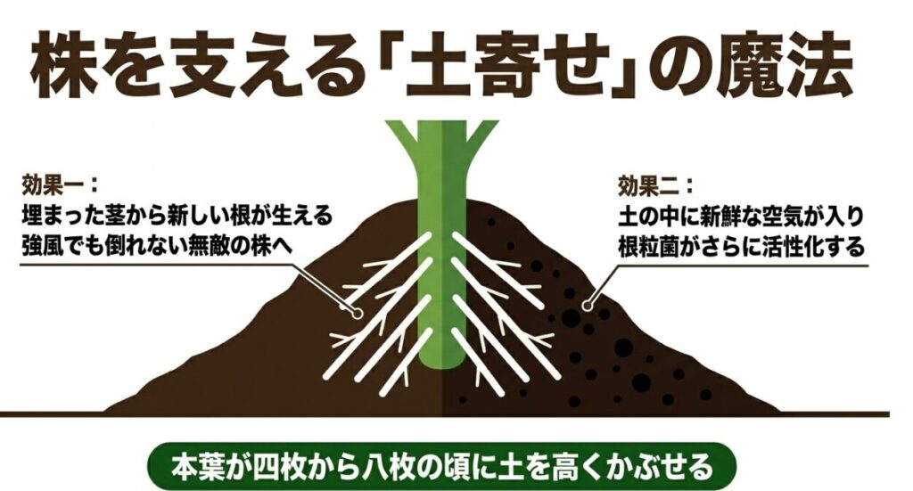 埋まった茎から新しい根が生えて強風に強い株になり、土の中に空気が入り根粒菌が活性化する土寄せの効果