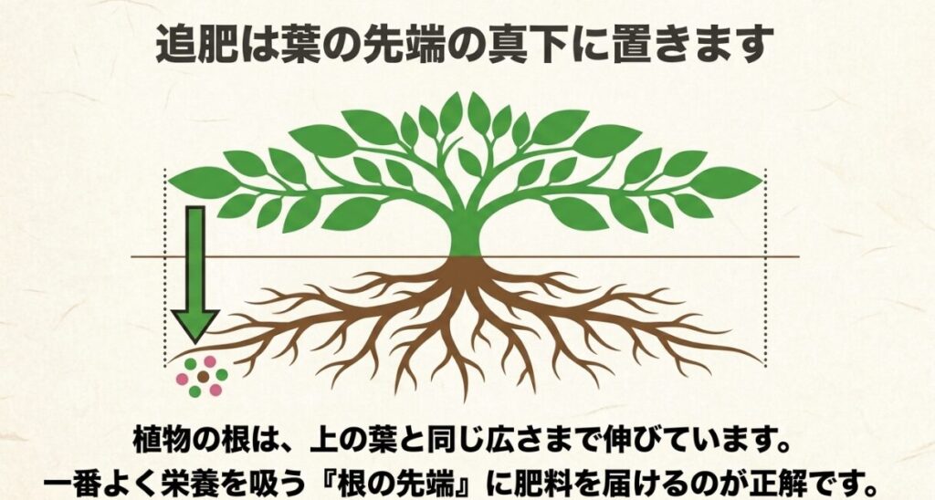 追肥を置く場所は葉の先端の真下が正解である理由の図解