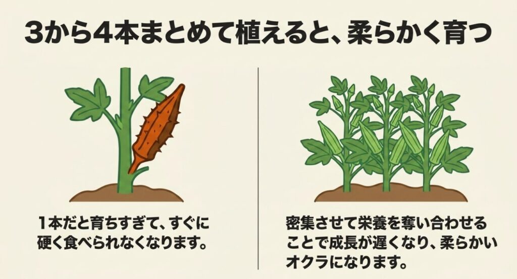 オクラは1本だと育ちすぎて硬くなるため、3から4本まとめて植えて密集させ、成長を遅らせることで柔らかく育つという解説。