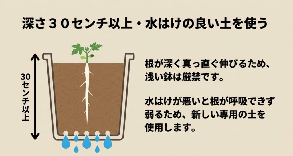 オクラの根は深く真っ直ぐ伸びるため深さ30センチ以上の鉢を使用し、根が呼吸できるように水はけの良い土を使うことの図解。