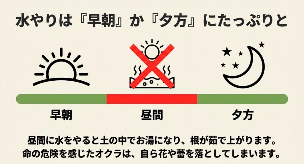 昼間に水をやると土の中でお湯になり根が茹で上がるため、水やりは早朝か夕方にたっぷりと行うという解説。