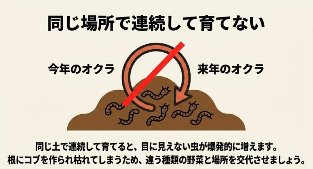 同じ土で連続して育てると虫が増えて根にコブを作るため、違う種類の野菜と場所を交代させる連作障害対策の図解。