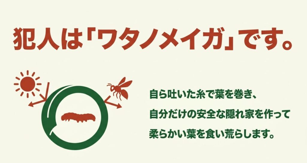 オクラの葉を丸めて直射日光やスズメバチから身を守るワタノメイガの幼虫