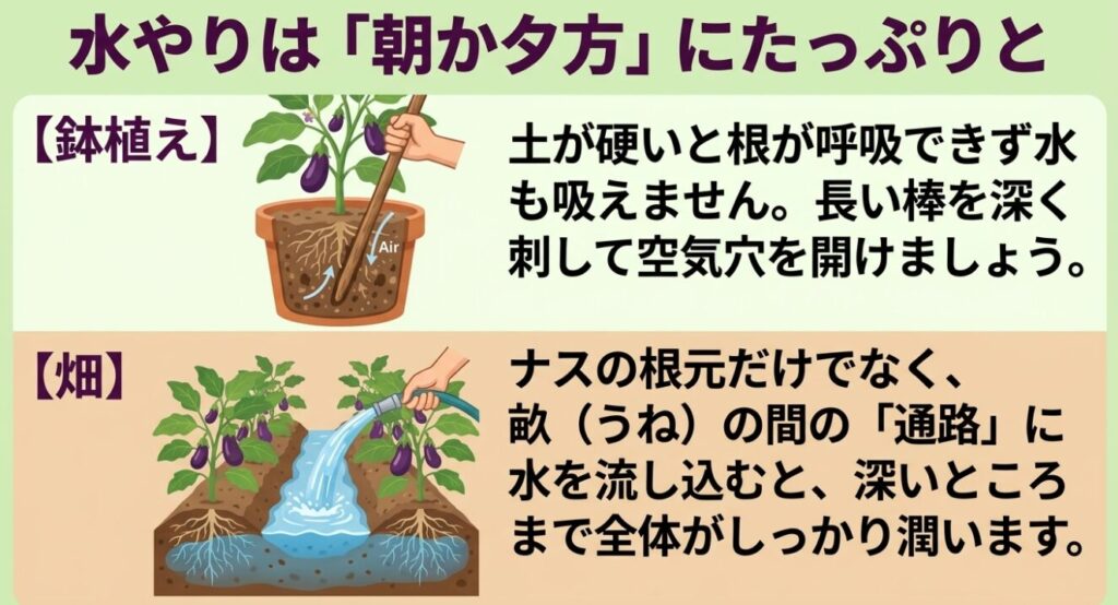 プランター栽培での土への棒を使った空気穴あけと、畑での畝間への通路潅水による効果的な水やり方法の図解