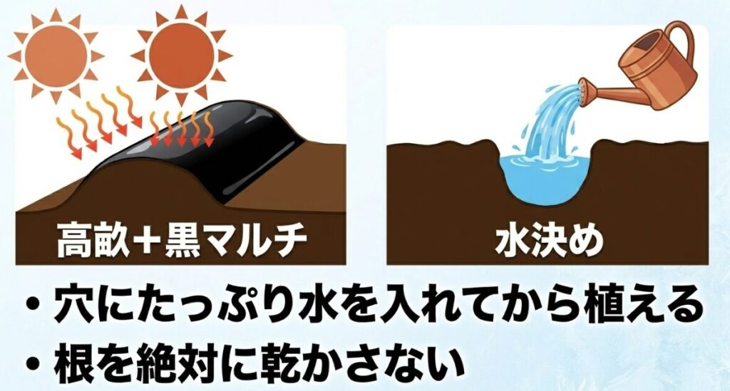 ブロッコリーの定植方法（高畝と黒マルチを活用し、穴にたっぷり水を入れる水決めで根を乾かさない）