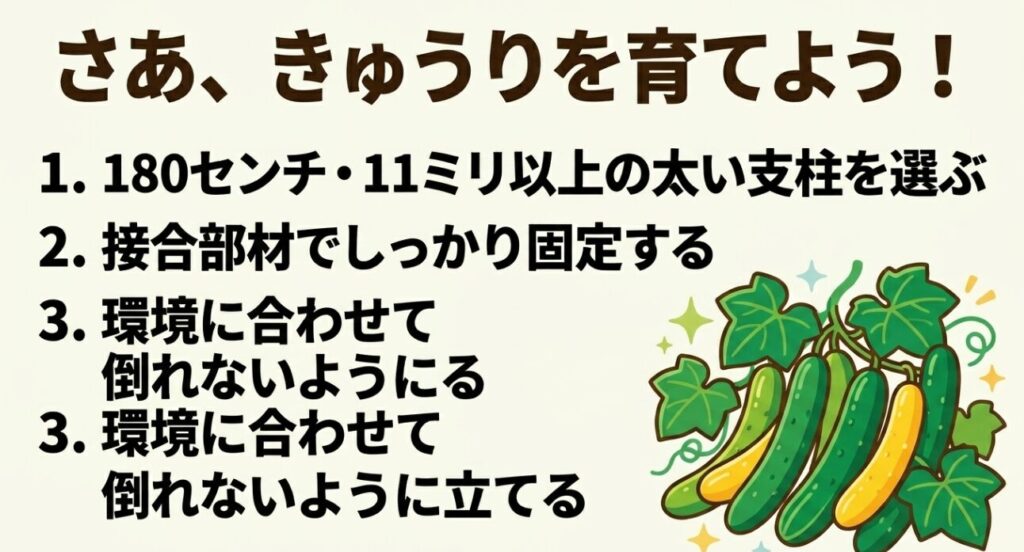 きゅうりをたくさん収穫するためのポイント。180センチ・11ミリ以上の太い支柱を選び、接合部材でしっかり固定し、環境に合わせて倒れないように立てる