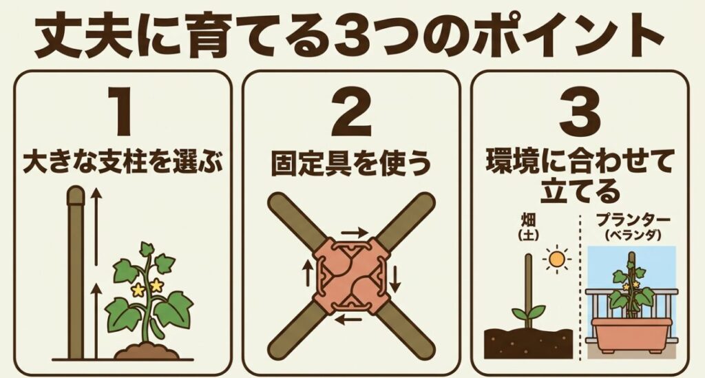 きゅうりを丈夫に育てる3つのポイント。大きな支柱を選ぶ、固定具を使う、環境に合わせて立てる
