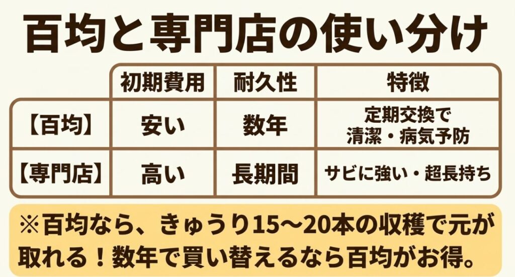 100均の支柱と専門店の支柱における初期費用、耐久性、特徴の比較表。数年で買い替えるなら百均がお得