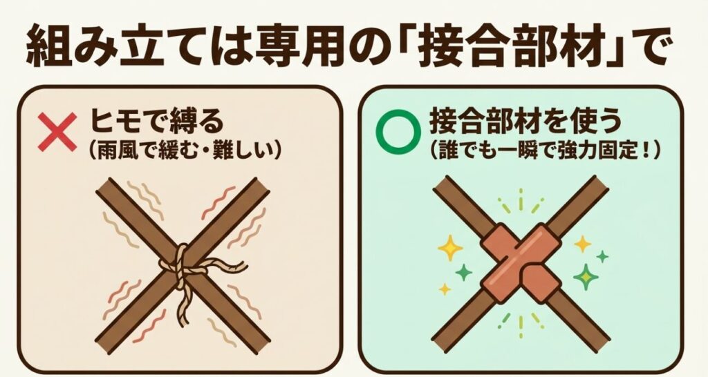 支柱をヒモで縛るのではなく、接合部材を使って強力に固定する様子