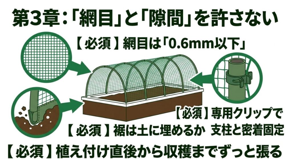 網目0.6mm以下の防虫ネットを隙間なく張る必須ポイント