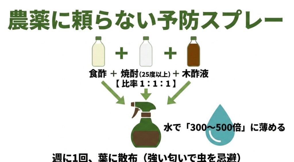 食酢・焼酎・木酢液を1対1対1で混ぜた農薬に頼らない予防スプレー