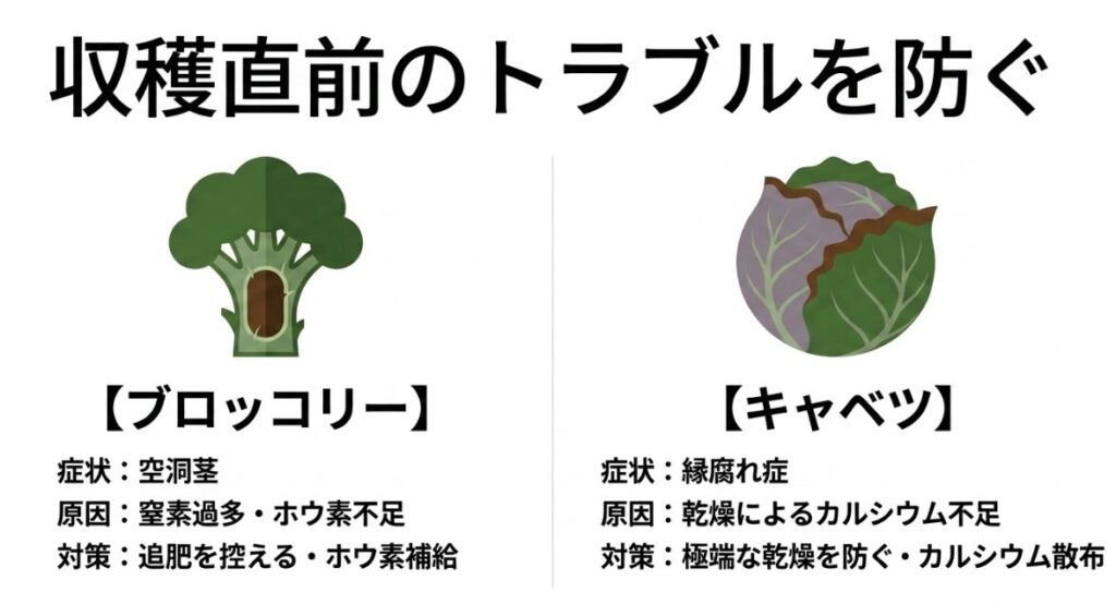 ブロッコリーの空洞茎やキャベツの縁腐れ症を防ぐ対策