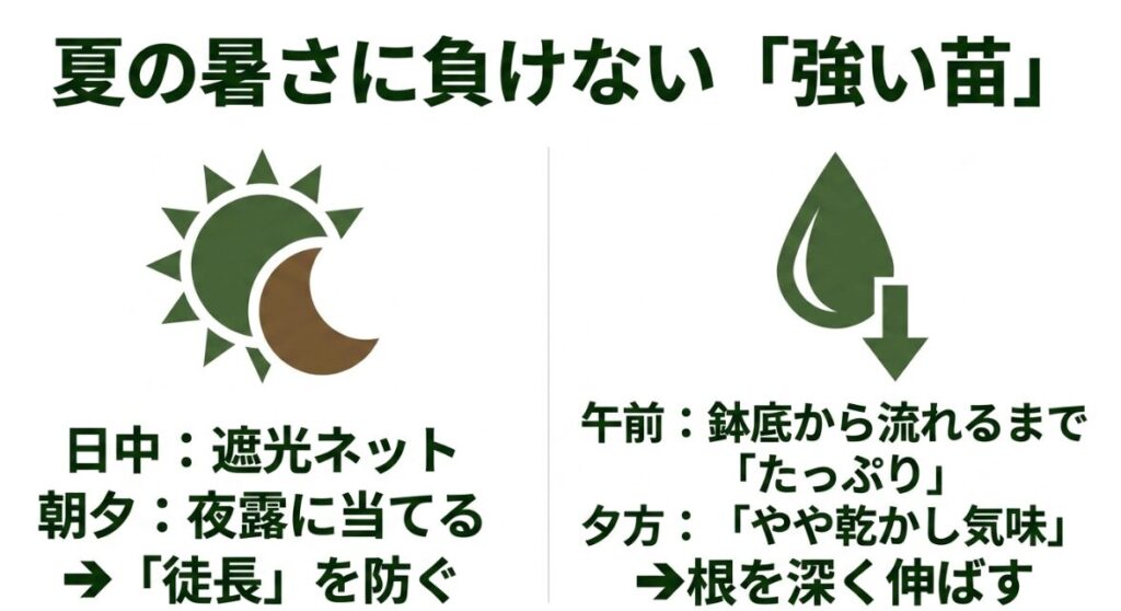 夏の暑さに負けない強い苗を育てるための遮光と水やりのコツ