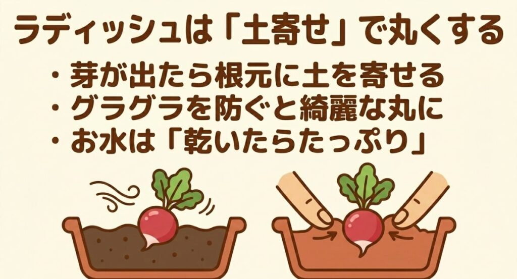 ラディッシュは「土寄せ」で丸くする。芽が出たら根元に土を寄せてグラグラを防ぎ、水は乾いたらたっぷりあげるという解説。