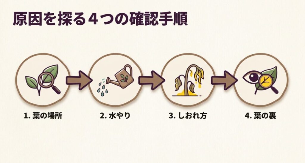 原因を探る4つの確認手順として、葉の場所、水やり、しおれ方、葉の裏をチェックするプロセス 。