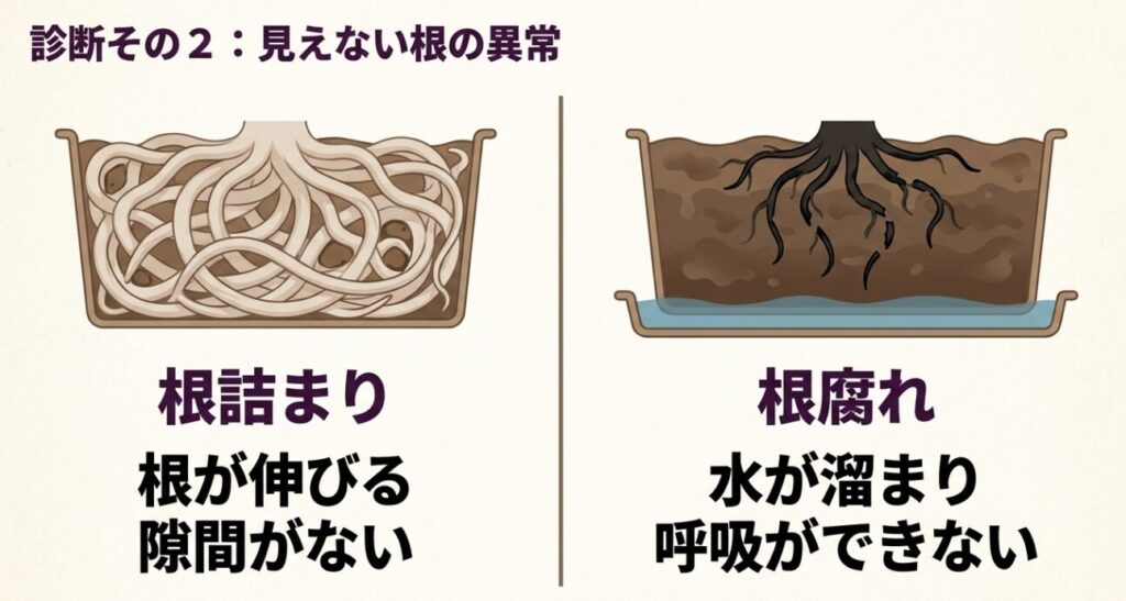 見えない根の異常。根が伸びる隙間がない根詰まりと、水が溜まり呼吸ができない根腐れの状態 。