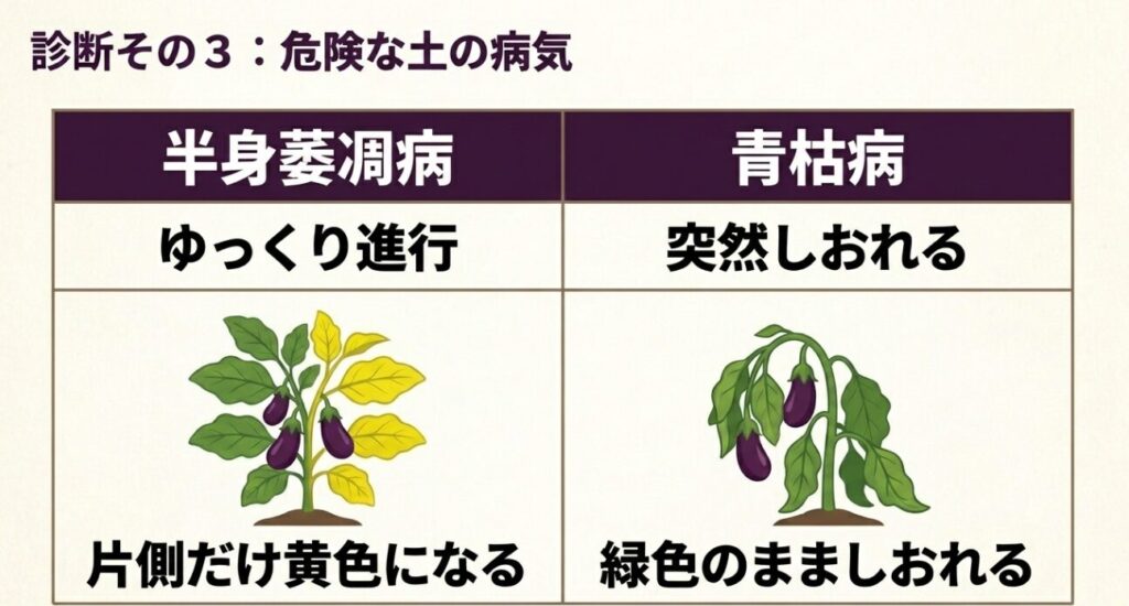 危険な土の病気。ゆっくり進行し片側だけ黄色になる半身萎凋病と、突然しおれて緑色のまま枯れる青枯病の違い 。