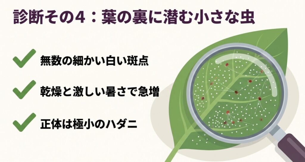 葉の裏に潜む小さな虫の正体は極小のハダニ。乾燥と激しい暑さで急増し、無数の細かい白い斑点ができる 。