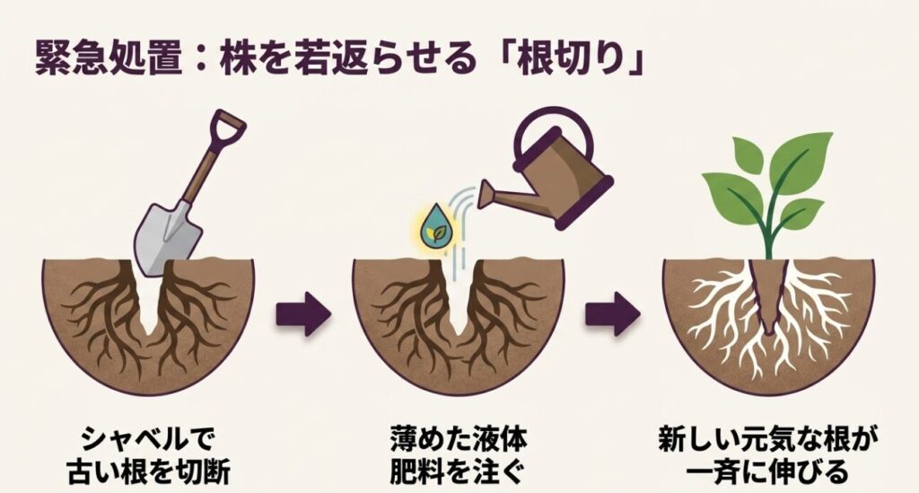 株を若返らせる緊急処置の「根切り」。シャベルで古い根を切断し、薄めた液体肥料を注ぐことで新しい元気な根が一斉に伸びる 。