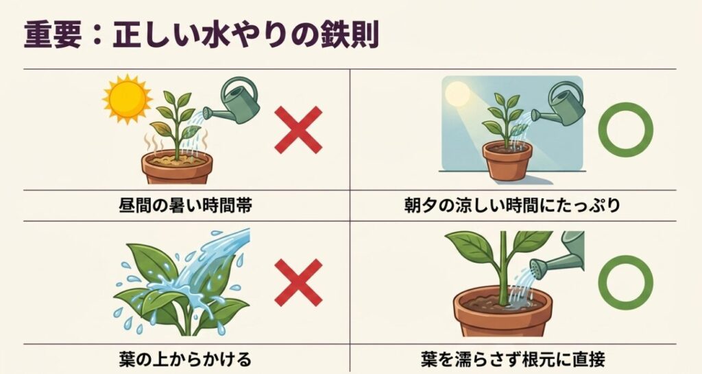 正しい水やりの鉄則。昼間の暑い時間帯や葉の上からかけるのはNG。朝夕の涼しい時間に、葉を濡らさず根元に直接たっぷり与えるのが正解 。