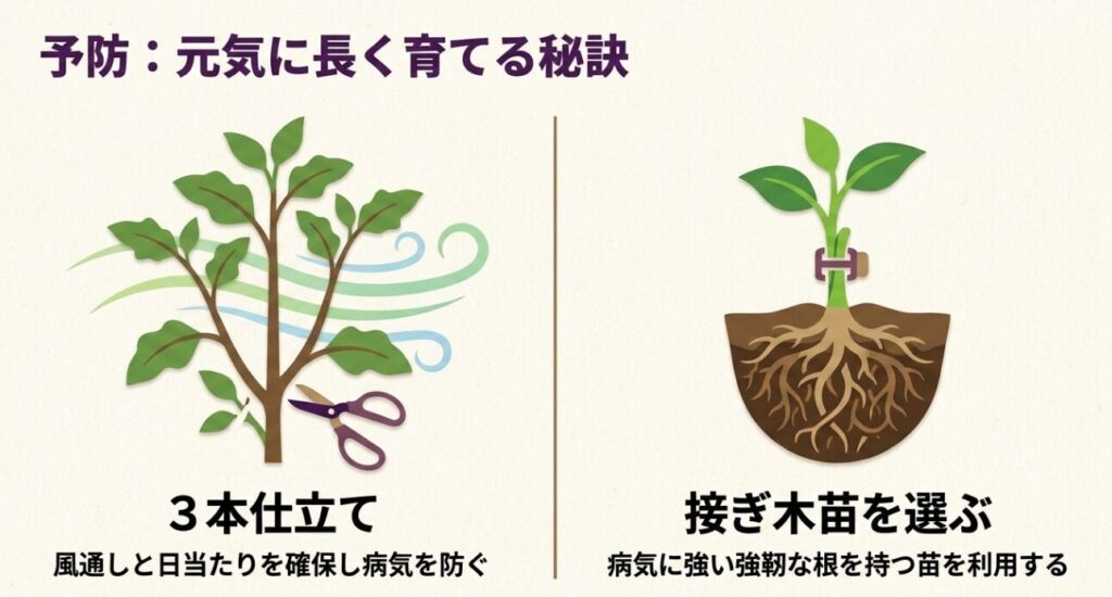 元気に長く育てる秘訣。風通しと日当たりを確保する3本仕立てと、病気に強い強靭な根を持つ接ぎ木苗を選ぶ予防策 。