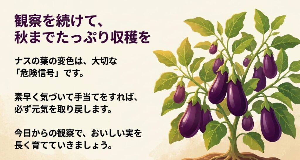ナスの葉の変色は大切な危険信号。素早く手当てをして元気を取り戻し、観察を続けて秋までおいしい実をたっぷり収穫しよう 。
