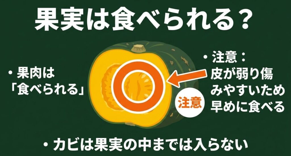うどんこ病の果肉は食べられるが、皮が傷みやすいため早めに食べる必要があることを解説したスライド