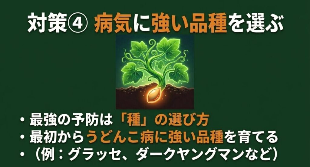 最強の予防として、グラッセやダークヤングマンなど最初からうどんこ病に強い品種を選ぶことを促すスライド