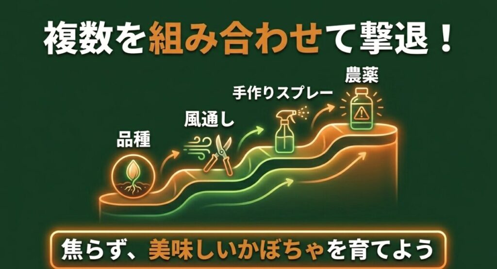 品種選び、風通しの確保、手作りスプレー、農薬を組み合わせて撃退する総合対策のまとめスライド