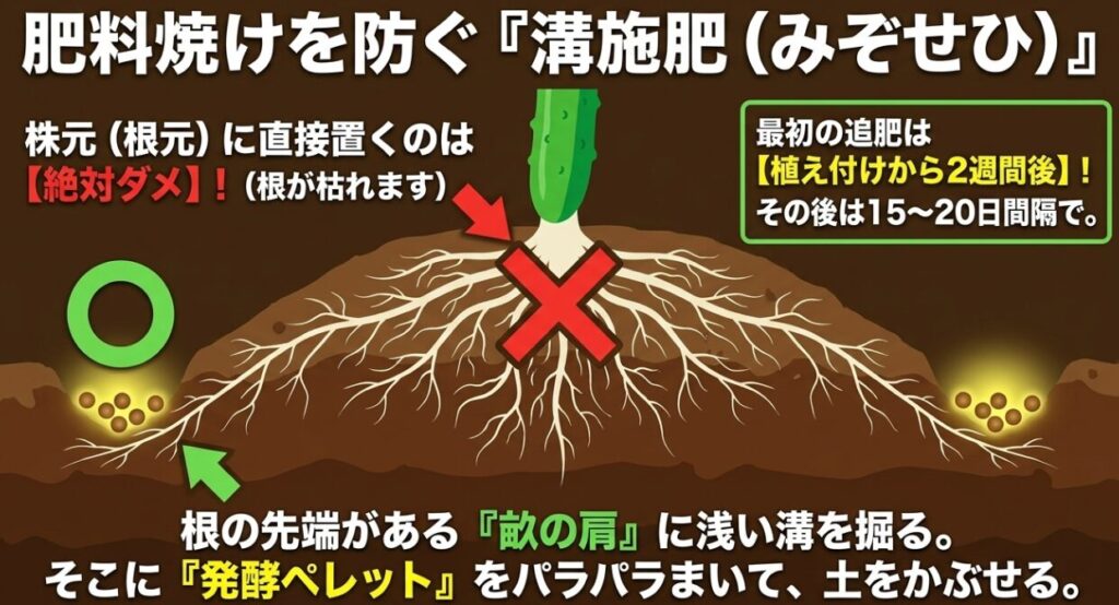 肥料焼けを防ぐため株元を避け、畝の肩に浅い溝を掘って発酵ペレットをまく溝施肥の図解