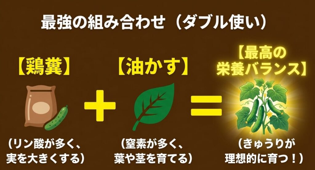 実を大きくする鶏糞と、葉や茎を育てる油かすを組み合わせることで、きゅうり栽培に最高の栄養バランスになることの図解