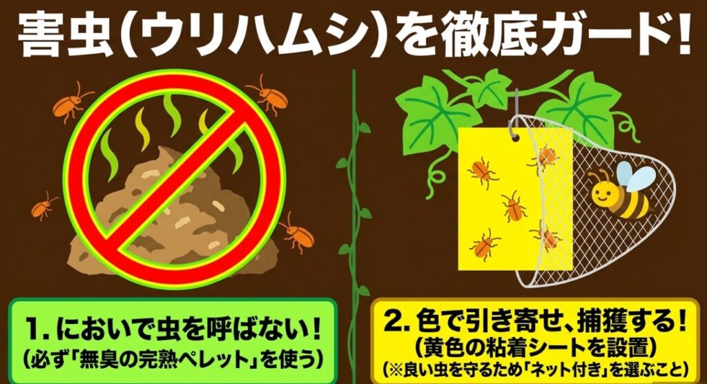 においで虫を呼ばない無臭ペレットの使用と、益虫を守るネット付き黄色粘着シートによるウリハムシ防除の図解