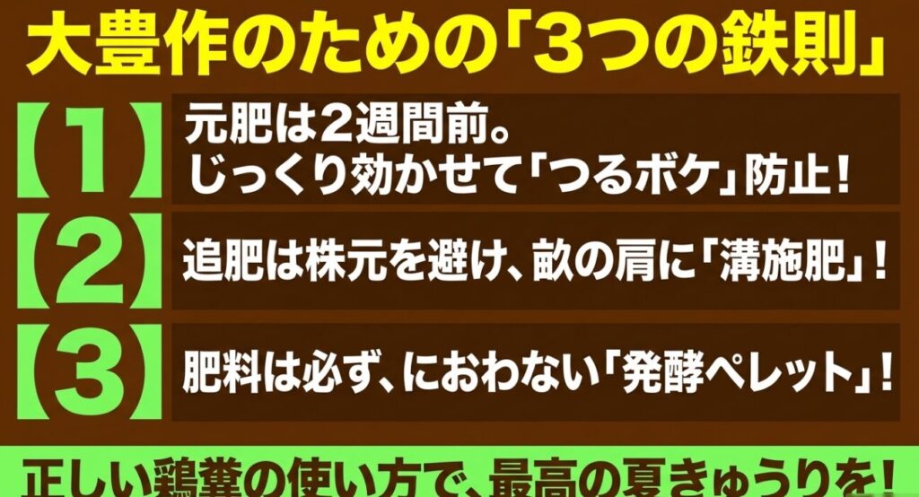 元肥のタイミング、溝施肥の実施、発酵ペレットの使用という、きゅうり大豊作のための3つの鉄則のまとめ