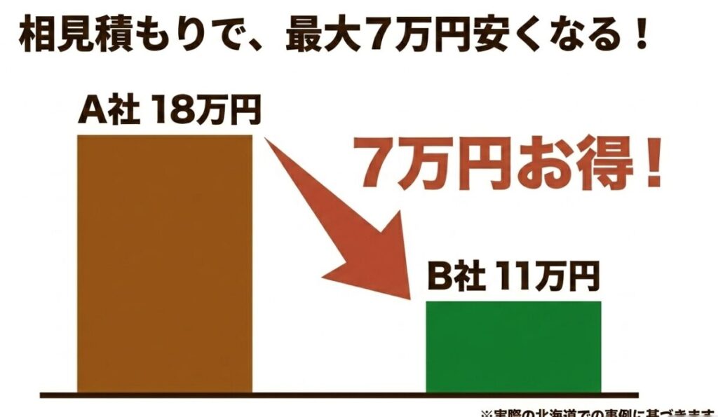 実際の事例に基づき、相見積もりによってA社18万円からB社11万円へと最大7万円お得になった実績を示すスライド画像