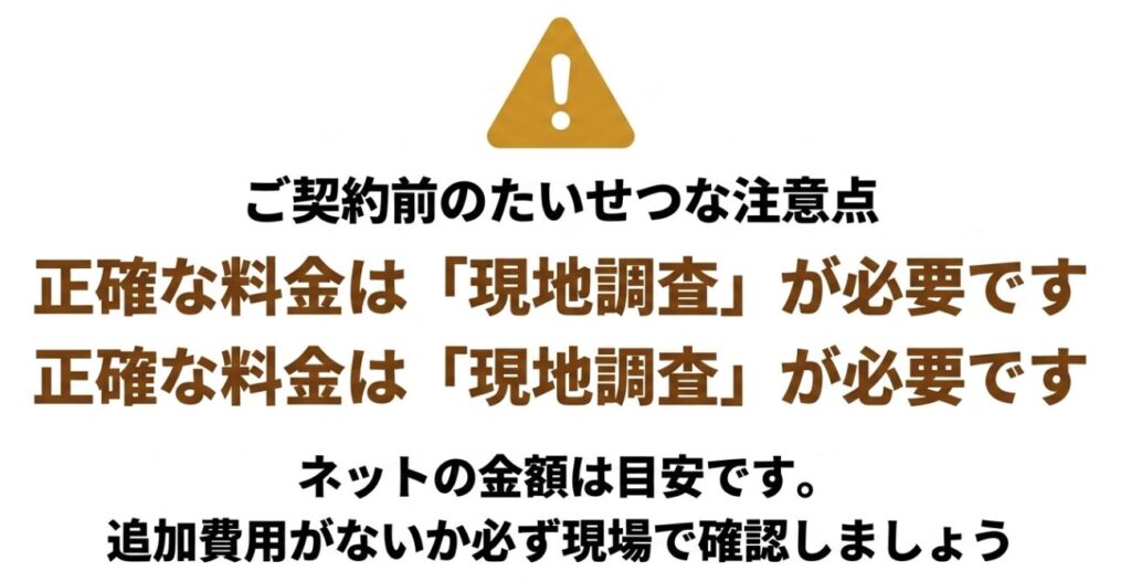 ネットの見積もり金額は目安であり、正確な料金算出や追加費用がないかの確認には現地調査が必要であることを喚起するスライド画像