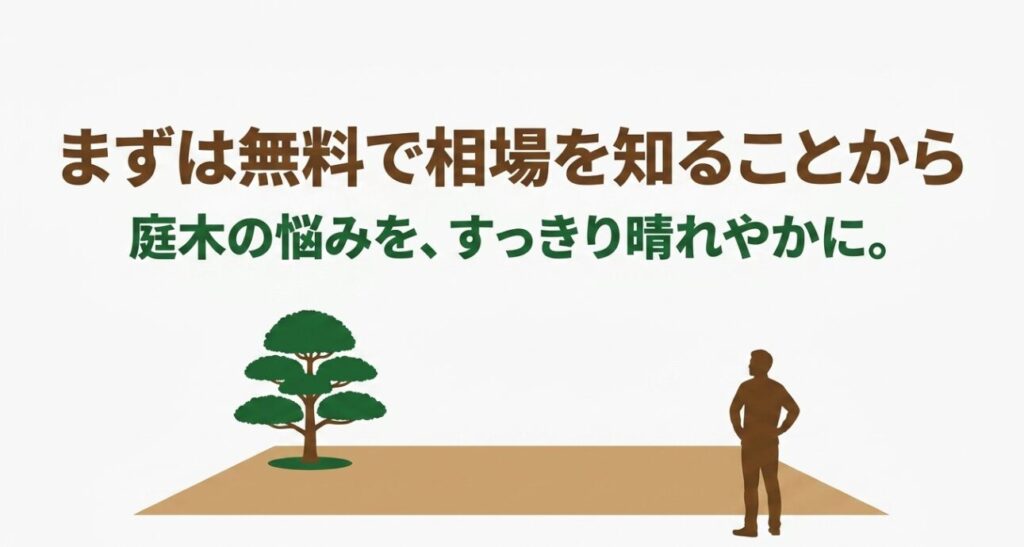 まずは無料で相場を知ることから始め、庭木の悩みをすっきり晴れやかにしようと促すまとめのスライド画像