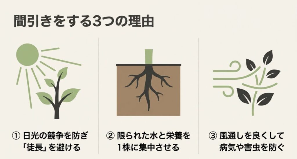 きゅうりの間引きをする3つの理由。1.日光の競争を防ぎ徒長を避ける、2.限られた水と栄養を1株に集中させる、3.風通しを良くして病気や害虫を防ぐ。